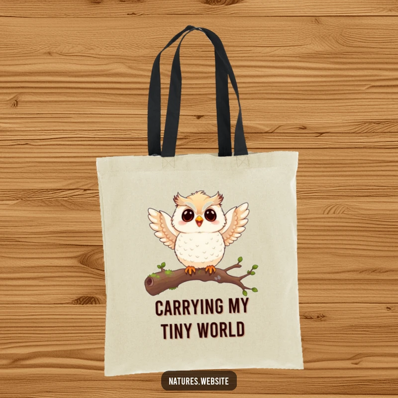 Funny owl chick tote bag depicting a joyful chick flapping its wings on a mossy branch, showcasing a humorous and charming accessory.