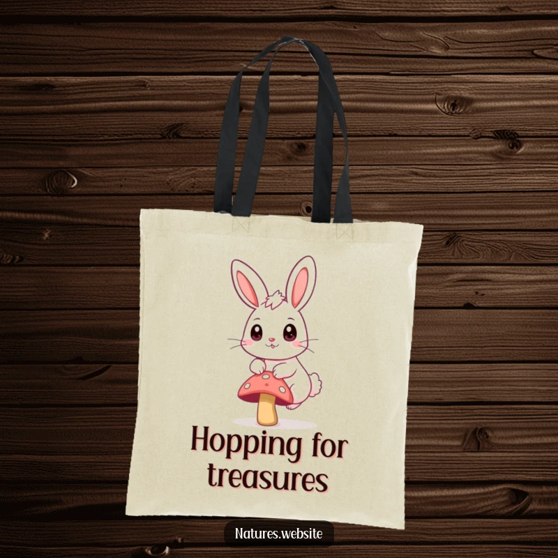 Funny tote bag with a bouncing bunny, big curious eyes, hopping over a small mushroom.